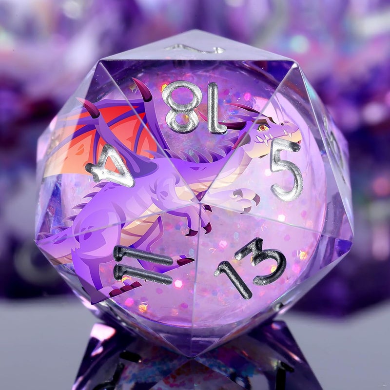 DNDND Purple Dragon Dice with Silver Numbers | Liquid Core 7-Piece Sharp Edge D&D Dice Set | Dragon Themed Collectible Metal Case | RPG Tabletop Gaming Gift - Image 1